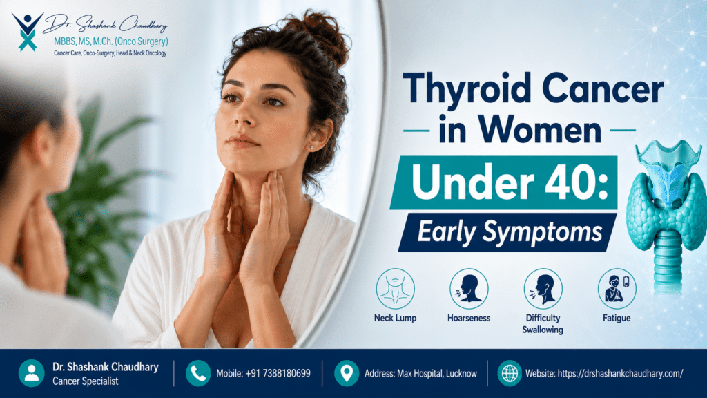 Thyroid cancer in women under 40 awareness image showing early symptoms of thyroid cancer, including neck lump, hoarseness, fatigue, and difficulty swallowing, by Dr. Shashank Chaudhary, Cancer Specialist at Max Hospital Lucknow.