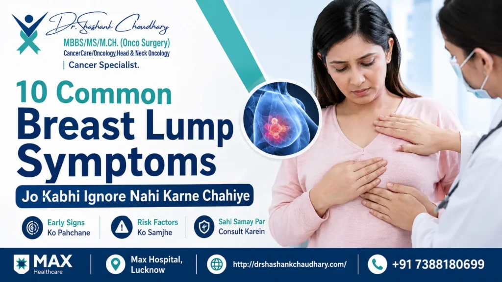 Featured image showing a woman consulting Dr. Shashank Chaudhary for breast lump symptoms, highlighting 10 common warning signs that should never be ignored for early breast cancer detection and timely treatment