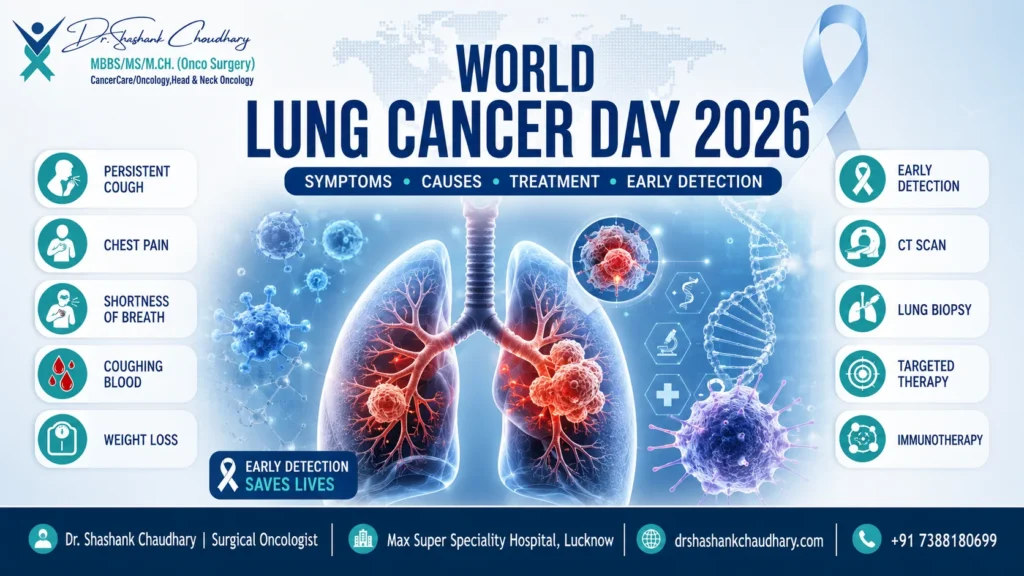 World Lung Cancer Day 2026 featured image showing realistic 3D lungs with lung cancer graphics, symptoms, causes, treatment options, early detection icons, awareness ribbon, and Dr. Shashank Chaudhary branding, Max Super Speciality Hospital Lucknow