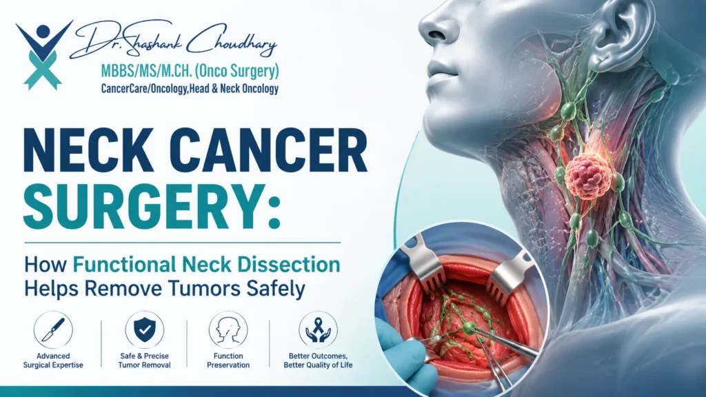 Neck cancer surgery illustration showing functional neck dissection for safe tumor and lymph node removal by Dr Shashank Chaudhary, surgical oncologist and head and neck cancer specialist in Lucknow.