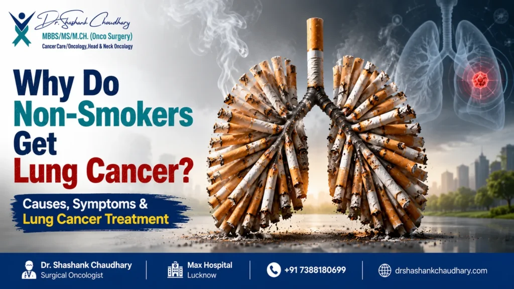 Lungs made from cigarettes representing the hidden causes of lung cancer in non-smokers and modern treatment options.